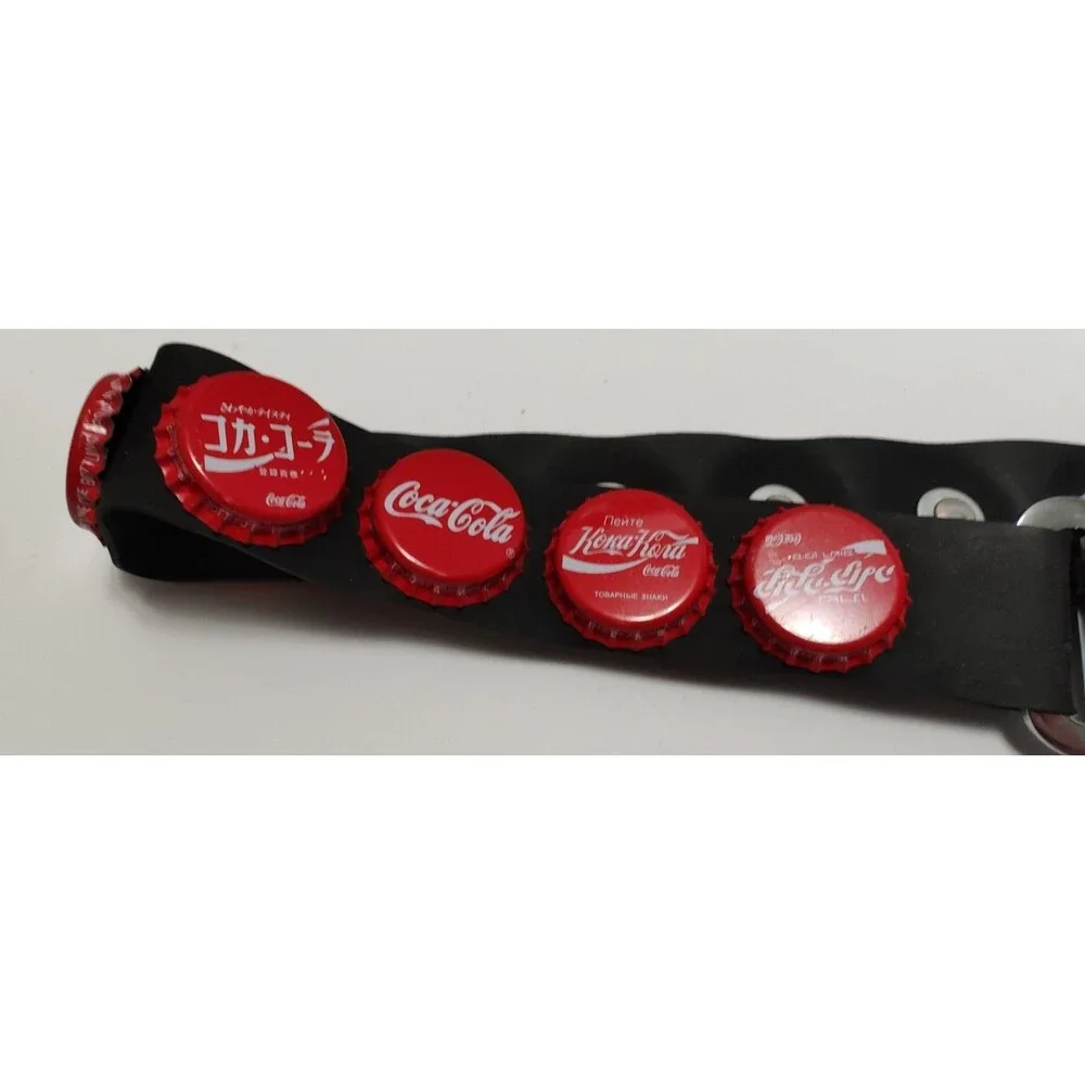 Vintage 90's COKE Rubber Belt  Coca-Cola Global Bottle Caps Chrome Punk Goth